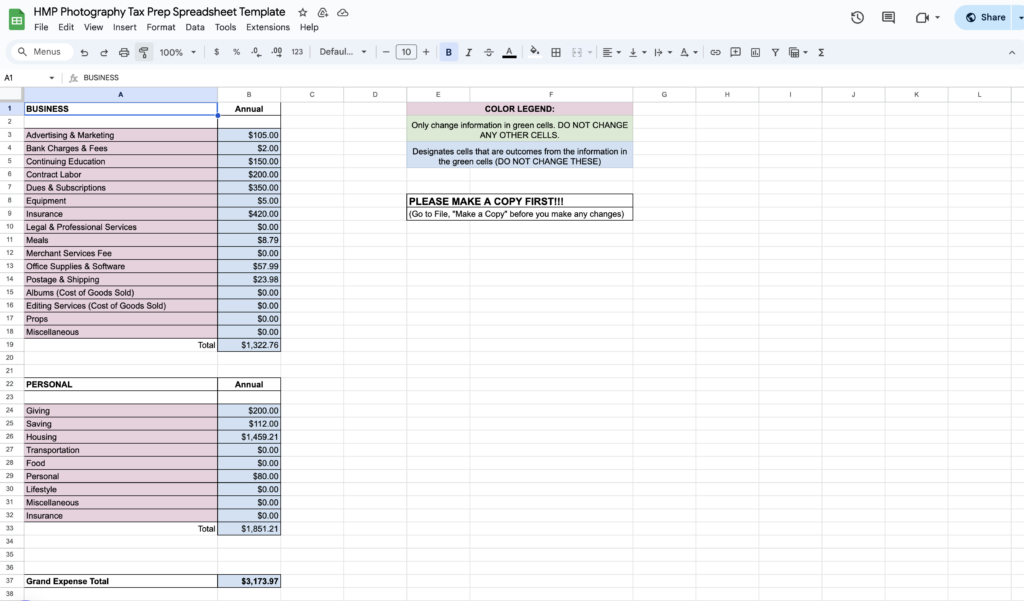 a spreadsheet that totals up all of your tax deductions throughout the year